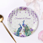 Pfauenviolette Blumen Indisches Hochzeitsgeschirr Pappteller<br><div class="desc">Pfau und violette Blumen Aquarell indische Hochzeitsgeschirr personalisiert Party Teller. Zwei wunderschöne Pfauen lila Jasmin-Blume Wisteria hängt Blumen und Garland Party Template Teller</div>