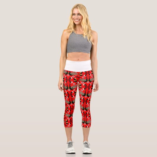 Pfauenvogel Folk Art. Capri Leggings (Vorderseite)