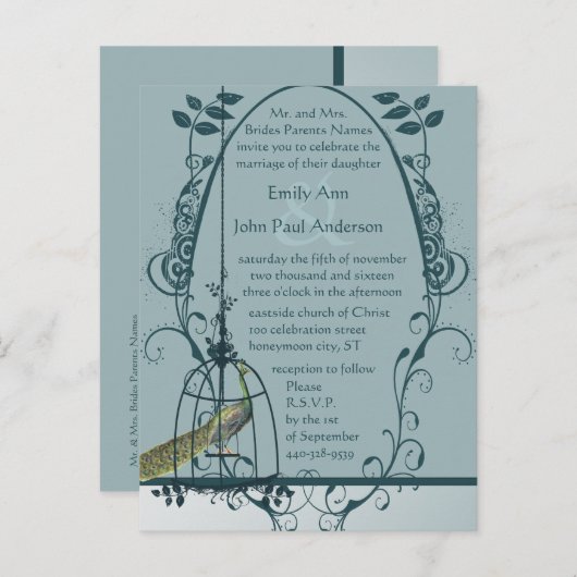 Pfauenvogel-Käfig Postkarte Einladung Hochzeit (Vorne/Hinten)
