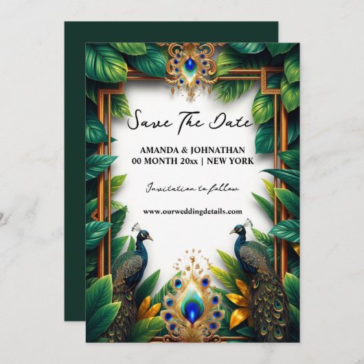 Pfauenvögel Luxusfedern tropische Freilandfedern Save The Date (Vorne/Hinten)