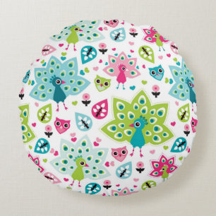 Pfauenvogel und Eule Rundes Kissen
