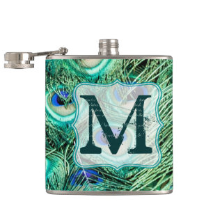 Pfauenvogelfeder Teal Monogramm Whiskyflasche Flachmann