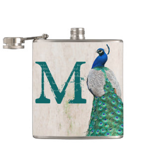 Pfauenvogelfeder Teal Monogramm Whiskyflasche Flachmann