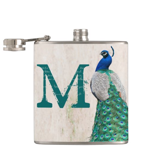 Pfauenvogelfeder Teal Monogramm Whiskyflasche Flachmann (Geöffnet)