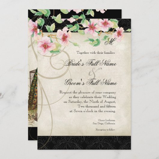 Pfauenvogelkäfig - Einladung zur Hochzeit (Vorne/Hinten)