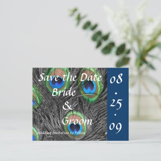 PfauenWedding speichert das Datum Ankündigungspostkarte (Stehend Vorderseite)