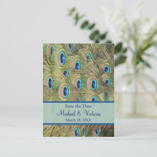 PfauenWedding speichert das Datum Ankündigungspostkarte (Stehend Vorderseite)