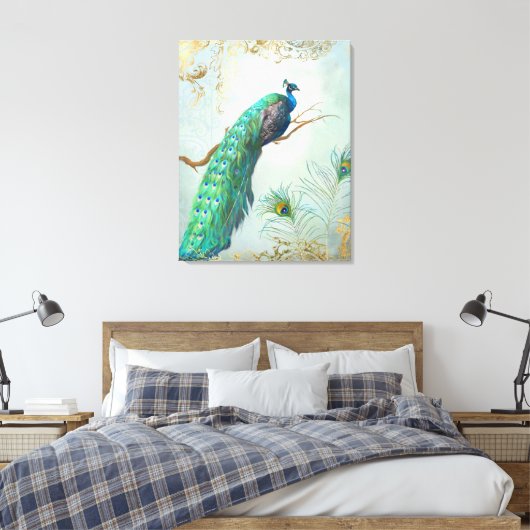 Pfauenzweig Voller Schwanz Feathers Gold Leaf Look Leinwanddruck (Insitu (Schlafzimmer))