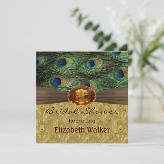 Pfaufedern, bernsteinfarbiges Effekt Brautparty Einladung (Stehend Vorderseite)