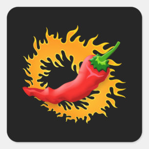 Pfeffer aus Chili mit Flammenaufklebern Quadratischer Aufkleber