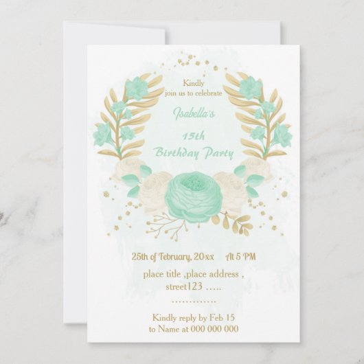 Pfefferminzgrün, weiße Blume Goldblume Geburtstag Einladung (Vorderseite)