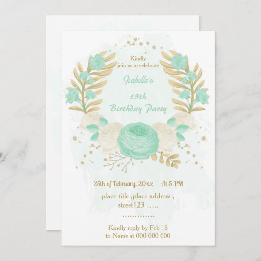 Pfefferminzgrün, weiße Blume Goldblume Geburtstag Einladung (Vorne/Hinten)