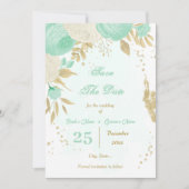Pfefferminzgrün, weiße Blume, goldfarben Save The Date (Vorderseite)