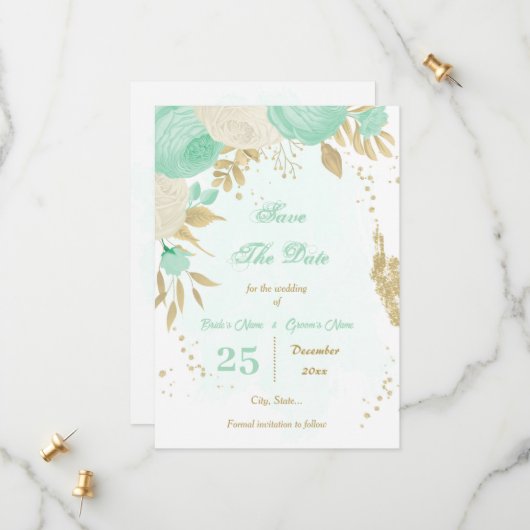 Pfefferminzgrün, weiße Blume, goldfarben Save The Date (Vorderseite/Rückseite Beispiel)