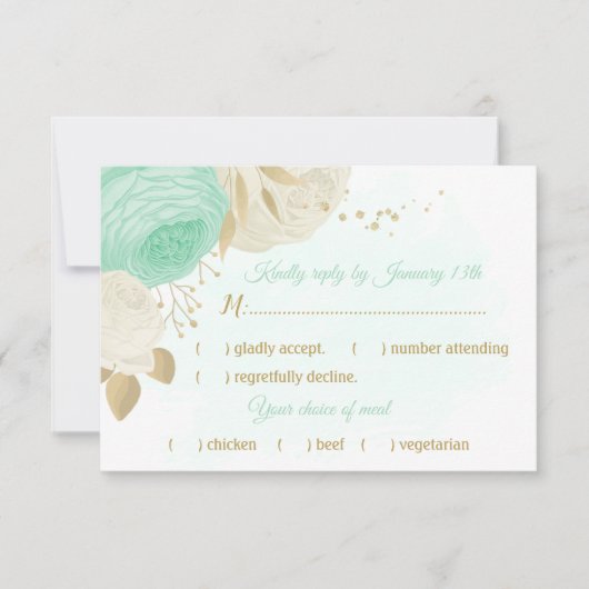 Pfefferminzgrün, weiße Blume, goldfarbene Blumensp RSVP Karte (Vorderseite)