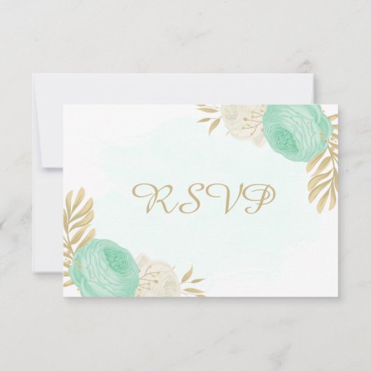 Pfefferminzgrün, weiße Blume, goldfarbene Blumensp RSVP Karte (Rückseite)