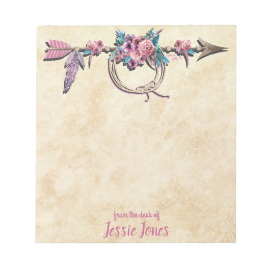 Pfeil mit Feathers und Blume Notizblock (Vorderseite)