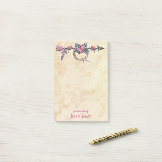 Pfeil mit Feathers und Blume Postit Notes Post-it Klebezettel (Auf Schreibtisch)