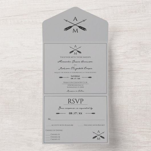 Pfeile und Monogramme Hochzeiten | Grau All In One Einladung (Innen Boden)