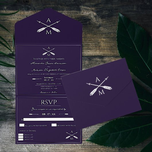 Pfeile und Monogramme Hochzeiten | LILA All In One Einladung