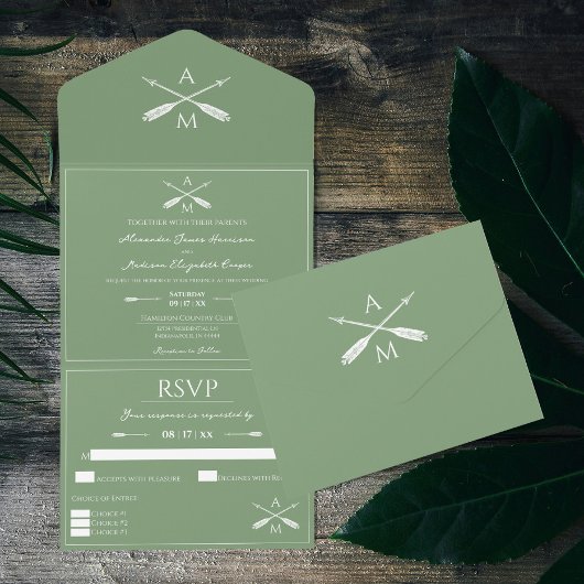 Pfeile und Monogramme Hochzeiten | Moss Green All In One Einladung