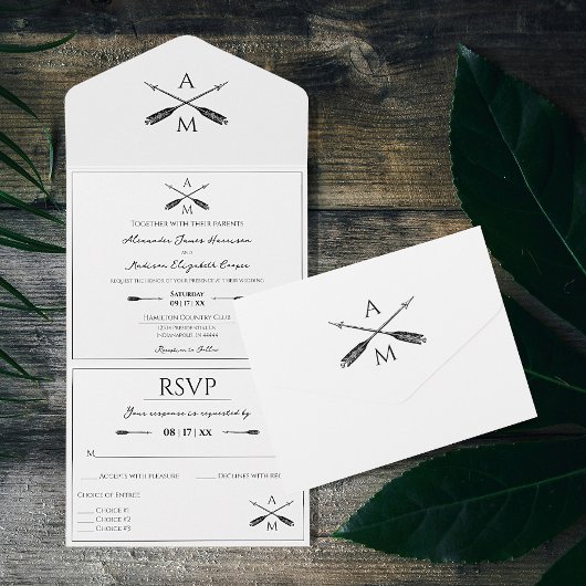 Pfeile und Monogramme Hochzeiten | Weiß All In One Einladung