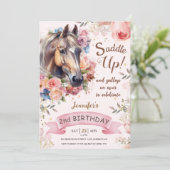 Pferd 2. Geburtstag Pink Blütenmädchen Sattel hoch Einladung (Stehend Vorderseite)