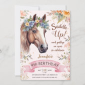 Pferd 4. Geburtstag KuhGirl Blumensattel auf Einladung (Vorderseite)
