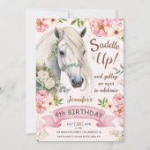 Pferd 4. Geburtstag Mädchen Pink Blume satteln Einladung (Vorderseite)
