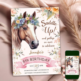 Pferd 6. Geburtstag KuhGirl Blumensattel hoch Einladung