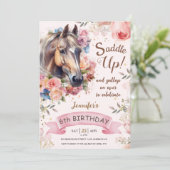 Pferd 6. Geburtstag Pink Blütenmädchen Sattel Up Einladung (Stehend Vorderseite)