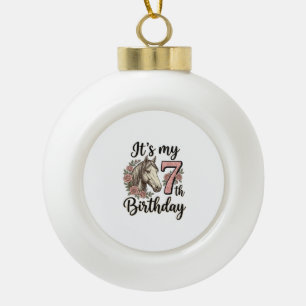 Pferd 7. Geburtstag Mädchen Floral Vintage-Shirt-D Keramik Kugel-Ornament