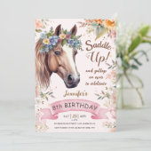 Pferd 8. Geburtstag BlumenkuhGirl Sattel Up Einladung (Stehend Vorderseite)