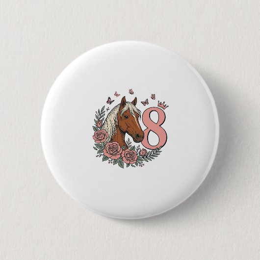 Pferd 8. Geburtstag Florales Vintage-Gravurdesign Button (Vorderseite)