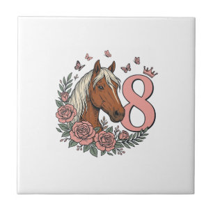 Pferd 8. Geburtstag Florales Vintage-Gravurdesign Fliese
