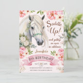 Pferd 8. Geburtstag Girl Pink Blume satteln Einladung (Stehend Vorderseite)