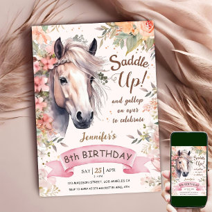 Pferd 8. Geburtstag Mädchen Wilde Florale Sattel a Einladung