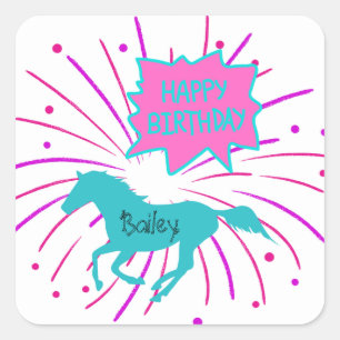 Pferd Alles Gute zum Geburtstag Pink Lila Türkis Quadratischer Aufkleber