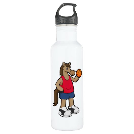 Pferd als Basketballspieler mit Basketball Edelstahlflasche (Vorderseite)