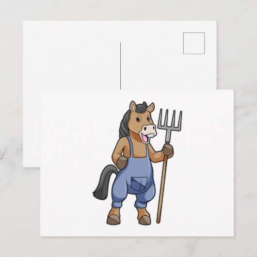 Pferd als Bauer mit Rake Postkarte (Vorne/Hinten)