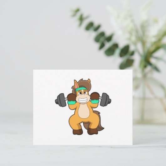 Pferd als Bodybuilder mit Barbell Postkarte (Stehend Vorderseite)