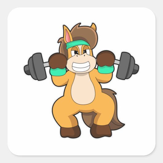 Pferd als Bodybuilder mit Barbell Quadratischer Aufkleber (Vorderseite)
