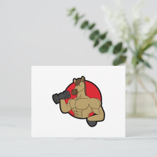Pferd als Bodybuilder mit Dumbell Postkarte (Stehend Vorderseite)