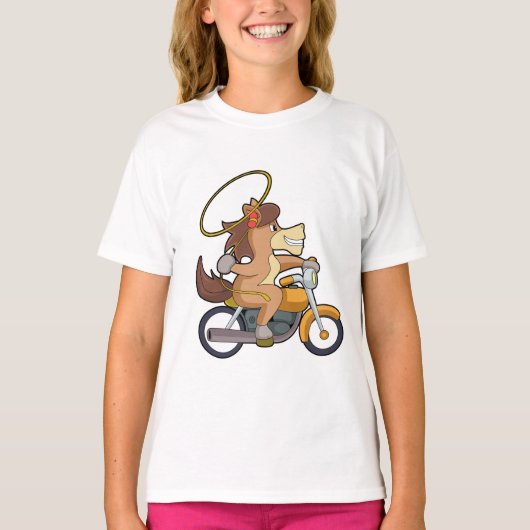Pferd als Cowboy mit Lasso & Motorrad T-Shirt (Vorderseite)
