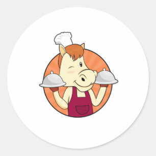 Pferd als Koch mit Servierplatten Runder Aufkleber
