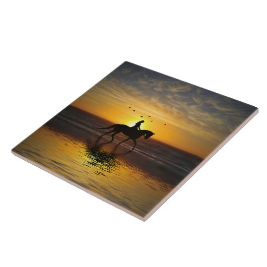 Pferd am Strand bei Sunset Riding Fliese (Seite)