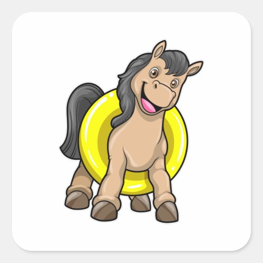 Pferd am Strand mit Schwimmring Quadratischer Aufkleber (Vorderseite)