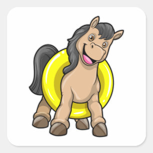 Pferd am Strand mit Schwimmring Quadratischer Aufkleber