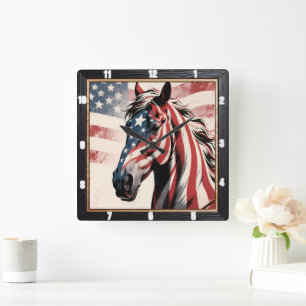 Pferd Amerikanische Flagge Patriotisch Quadratische Wanduhr