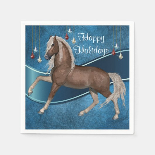 Pferd auf blau mit Ornamenten glückliche Ferien Serviette (Vorderseite)